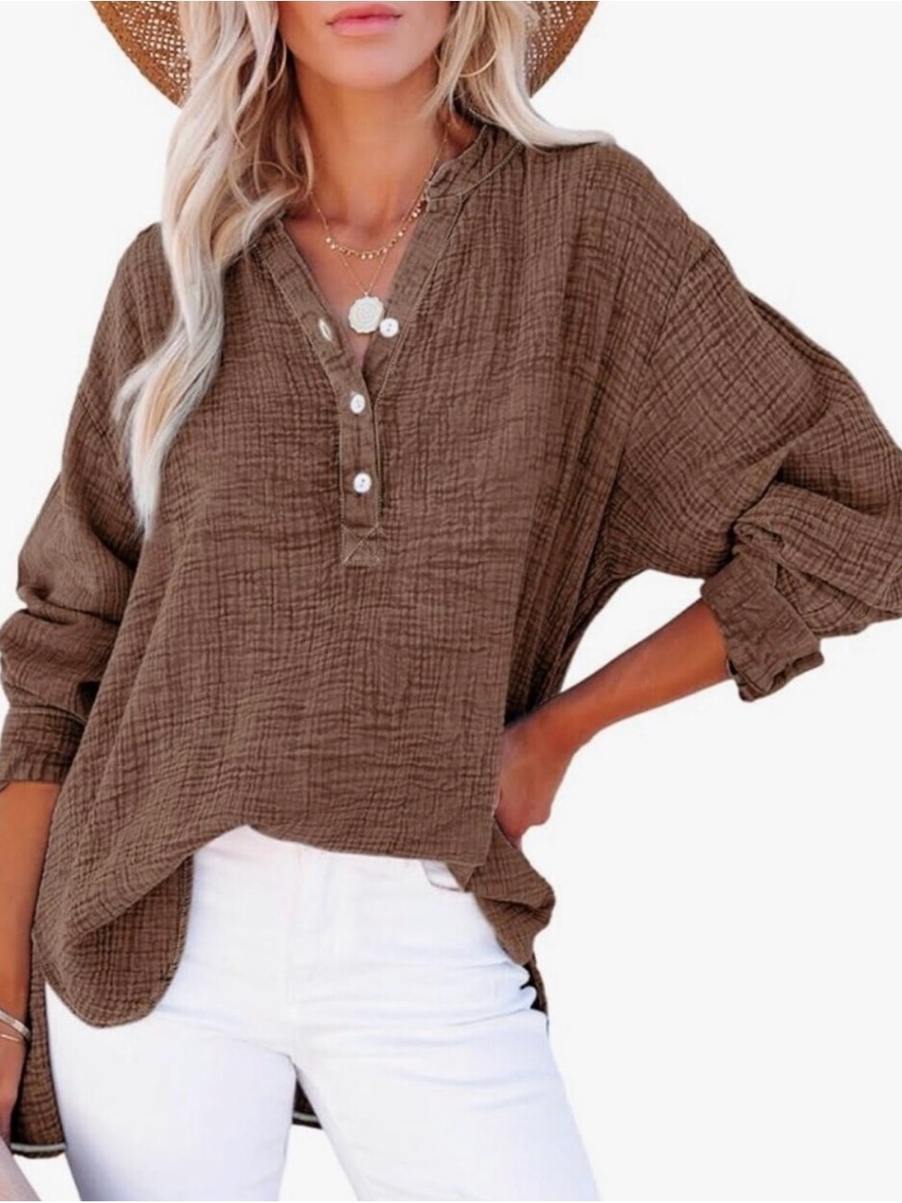 Anthropologie Relaxed Brown Button Henley Tunic Top 100% Muslim Cotton